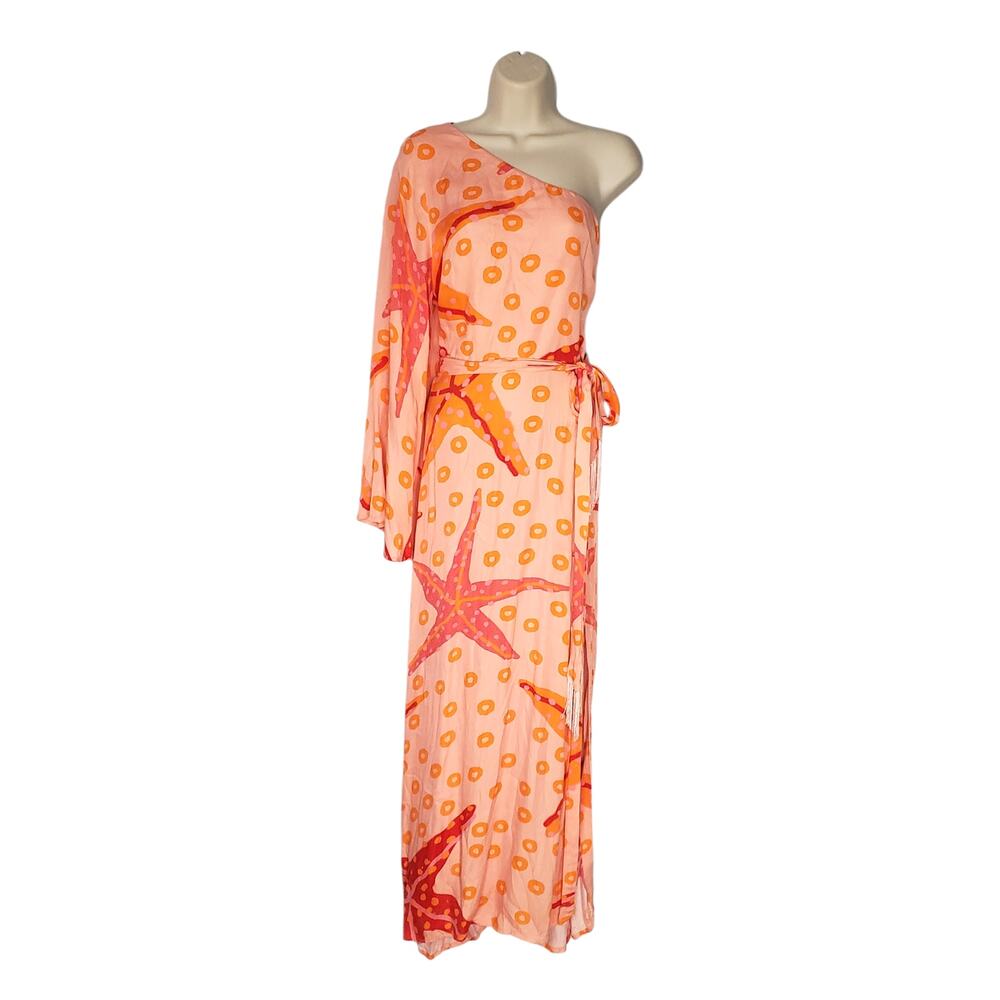 Farm Rio Anthropologie One Shoulder Starfish Maxi Dress Orange Pink Size Large - Picture 3 of 11